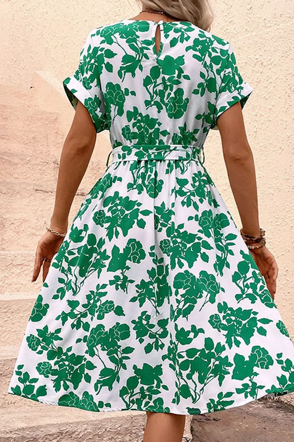 Green Leaf High Waist Belt Dress