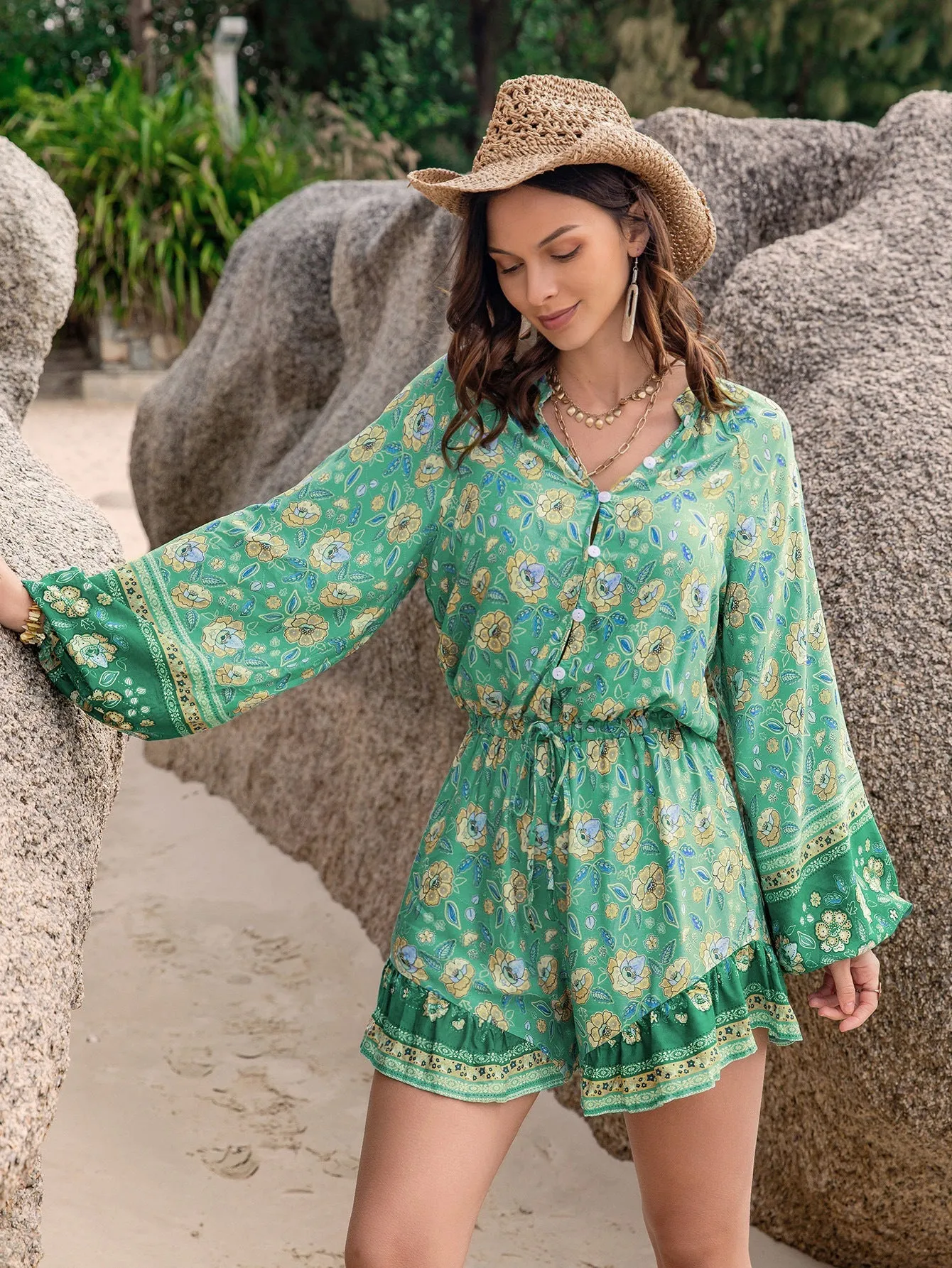 Green Printing Waist Vacation Jumpsuit