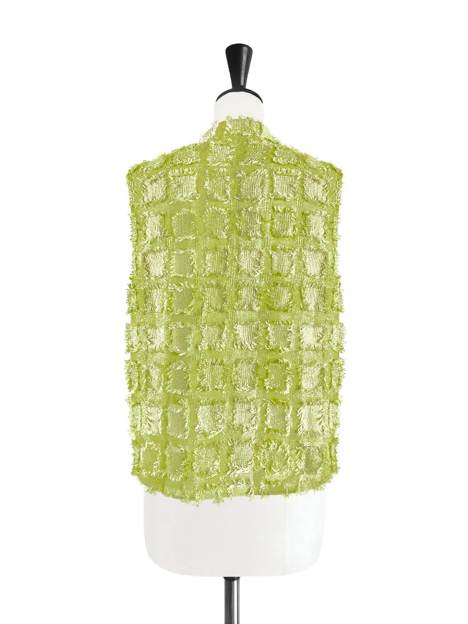 Green Tweed Knit Tassel Check Sleeveless Blouse