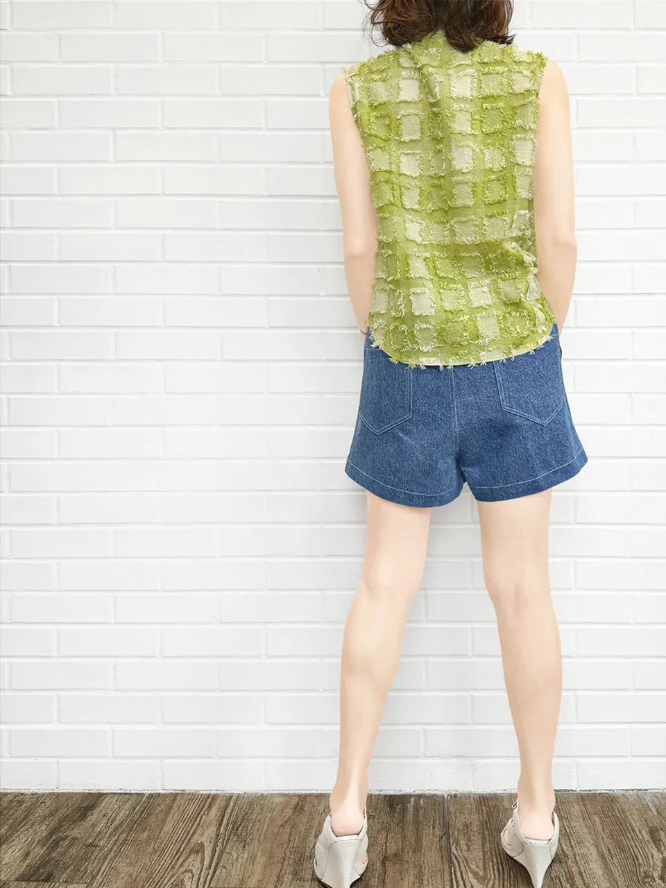 Green Tweed Knit Tassel Check Sleeveless Blouse