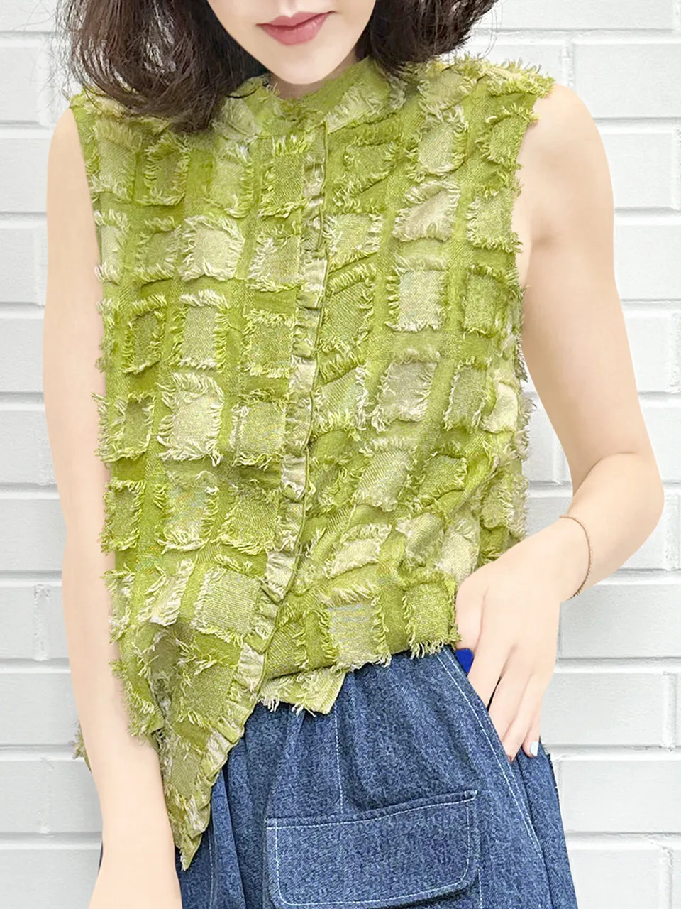 Green Tweed Knit Tassel Check Sleeveless Blouse