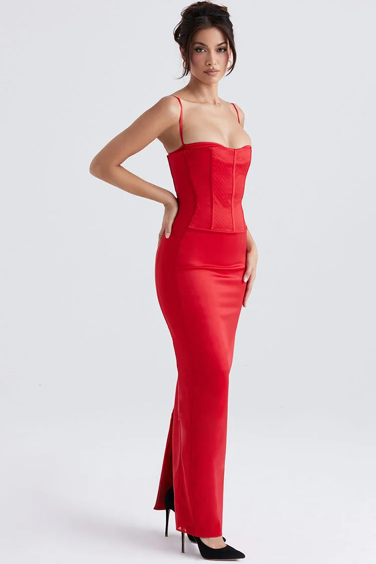 Holiday Sweetheart Corset Cami Sleeveless Satin Evening Maxi Dress - Red