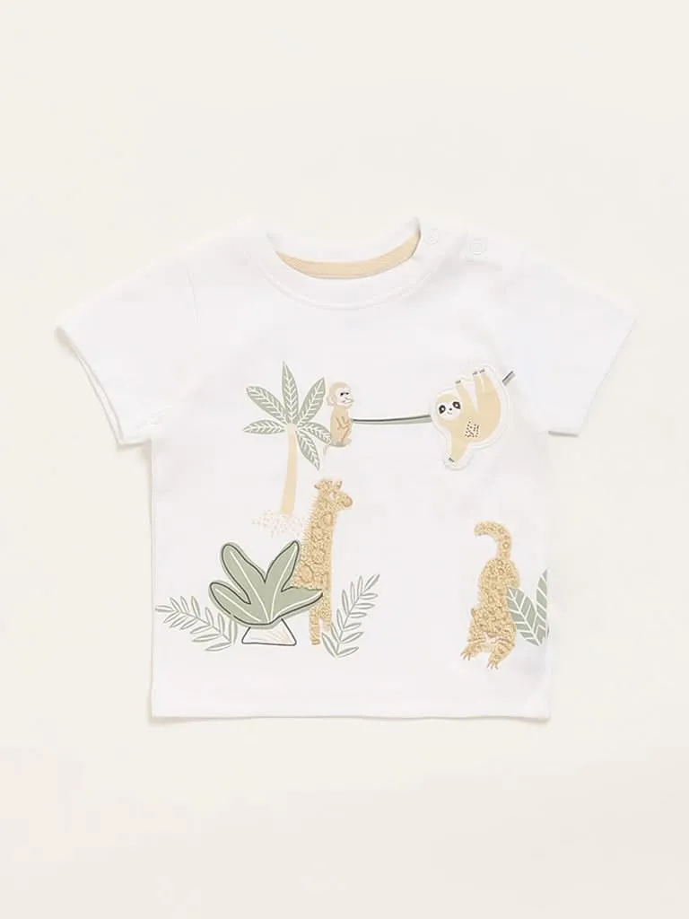 HOP Baby White Animal Embroidered T-Shirt