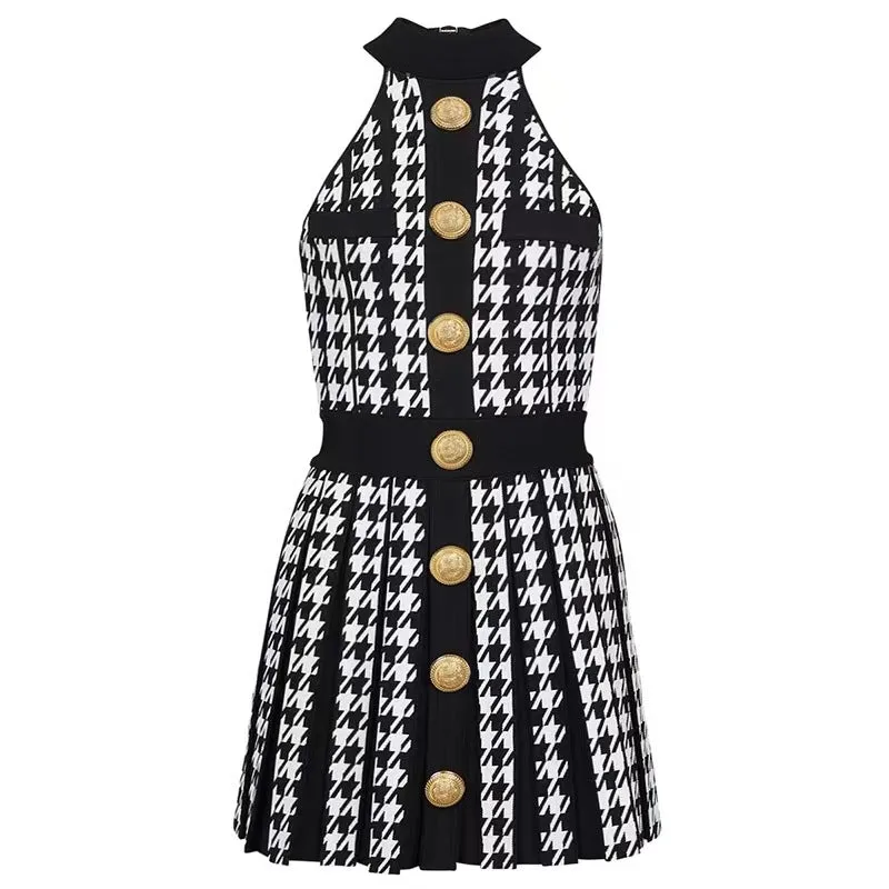 IKEARLAX Summer Korean Style Women's Houndstooth Classic Style Sleeveless Woolen Skirt Waist-Controlled Large Hem Knitted Dress 6436