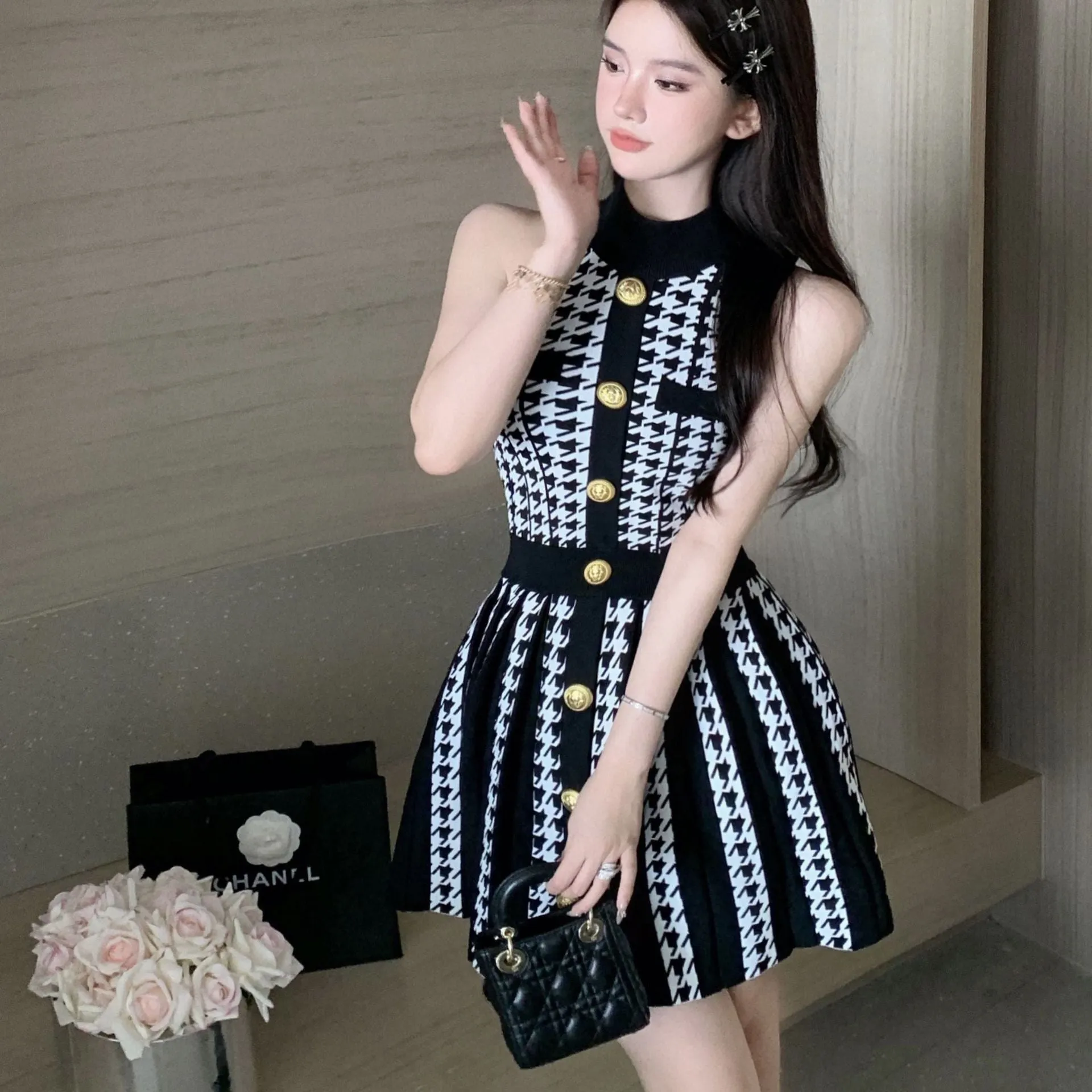 IKEARLAX Summer Korean Style Women's Houndstooth Classic Style Sleeveless Woolen Skirt Waist-Controlled Large Hem Knitted Dress 6436