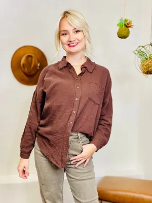 Indie Frayed Button Up Long Sleeve Top