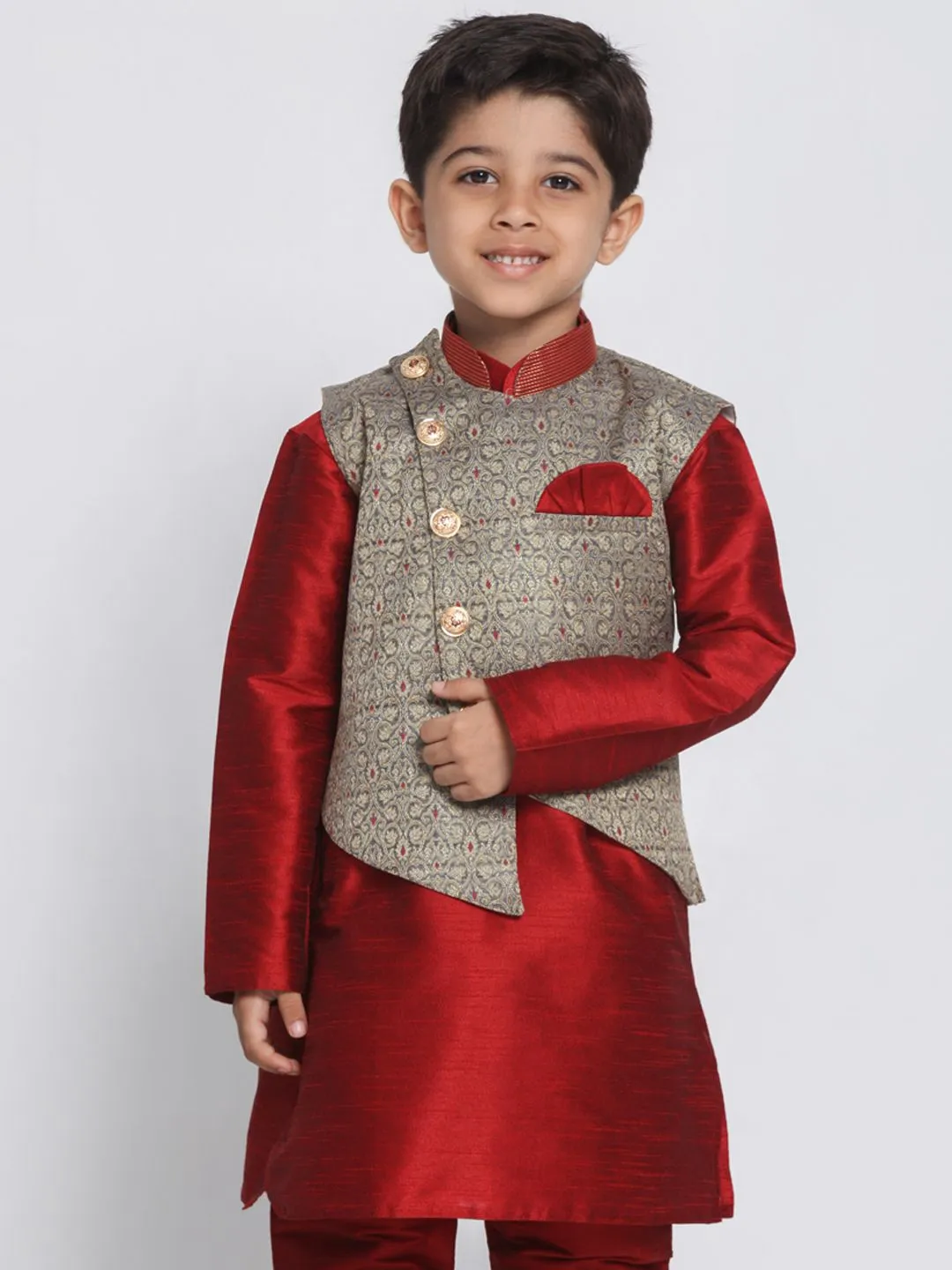 Jashvi Boys' Grey Cotton Silk Blend Nehru Jacket