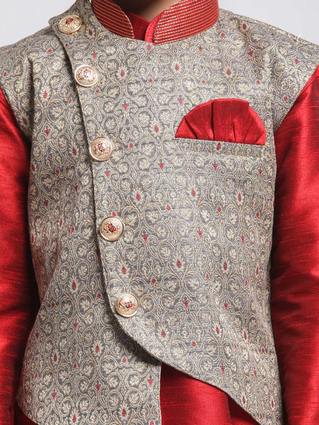 Jashvi Boys' Grey Cotton Silk Blend Nehru Jacket