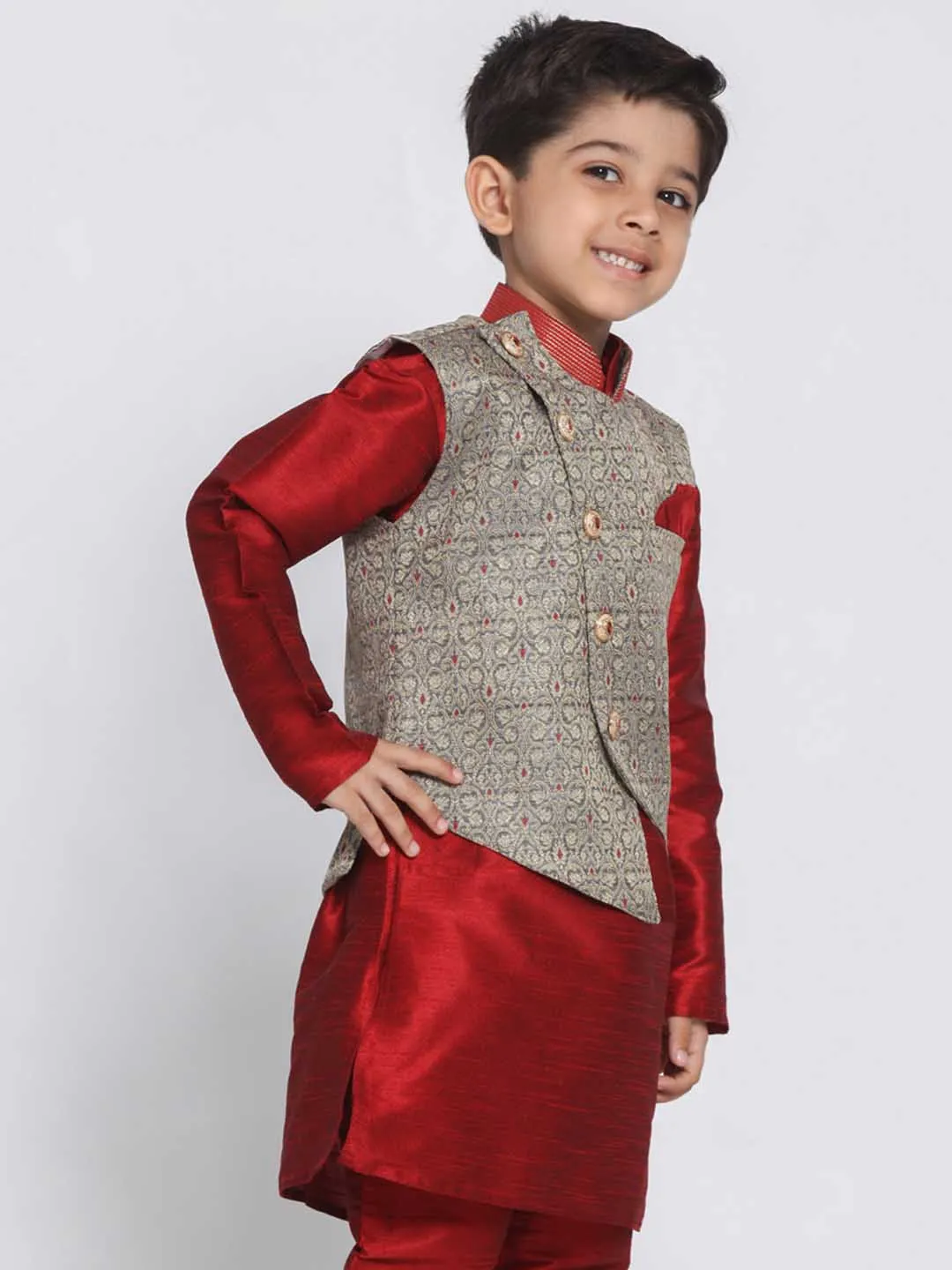 Jashvi Boys' Grey Cotton Silk Blend Nehru Jacket