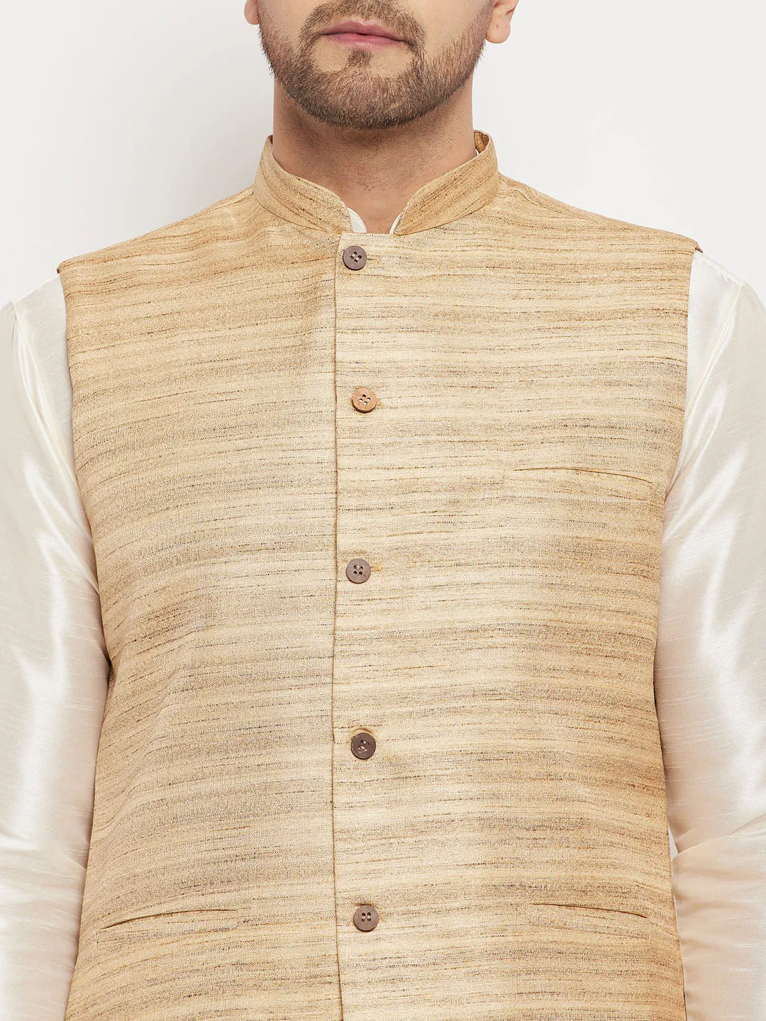 Jashvi Men's Beige Silk Blend Nehru Jacket