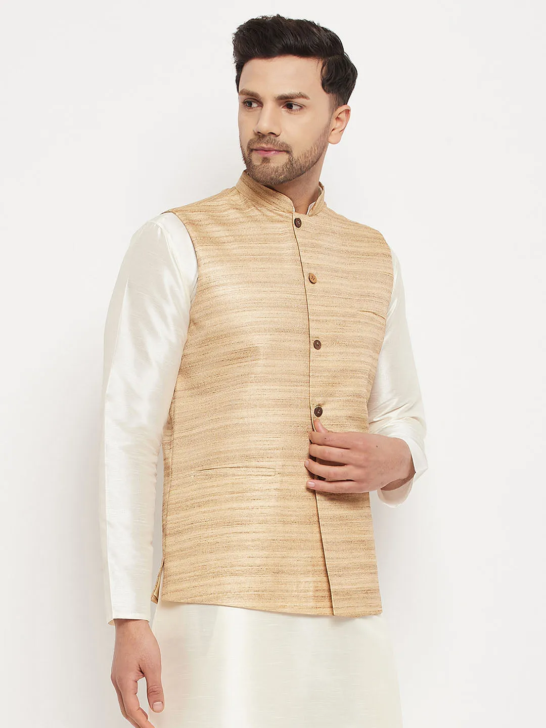 Jashvi Men's Beige Silk Blend Nehru Jacket