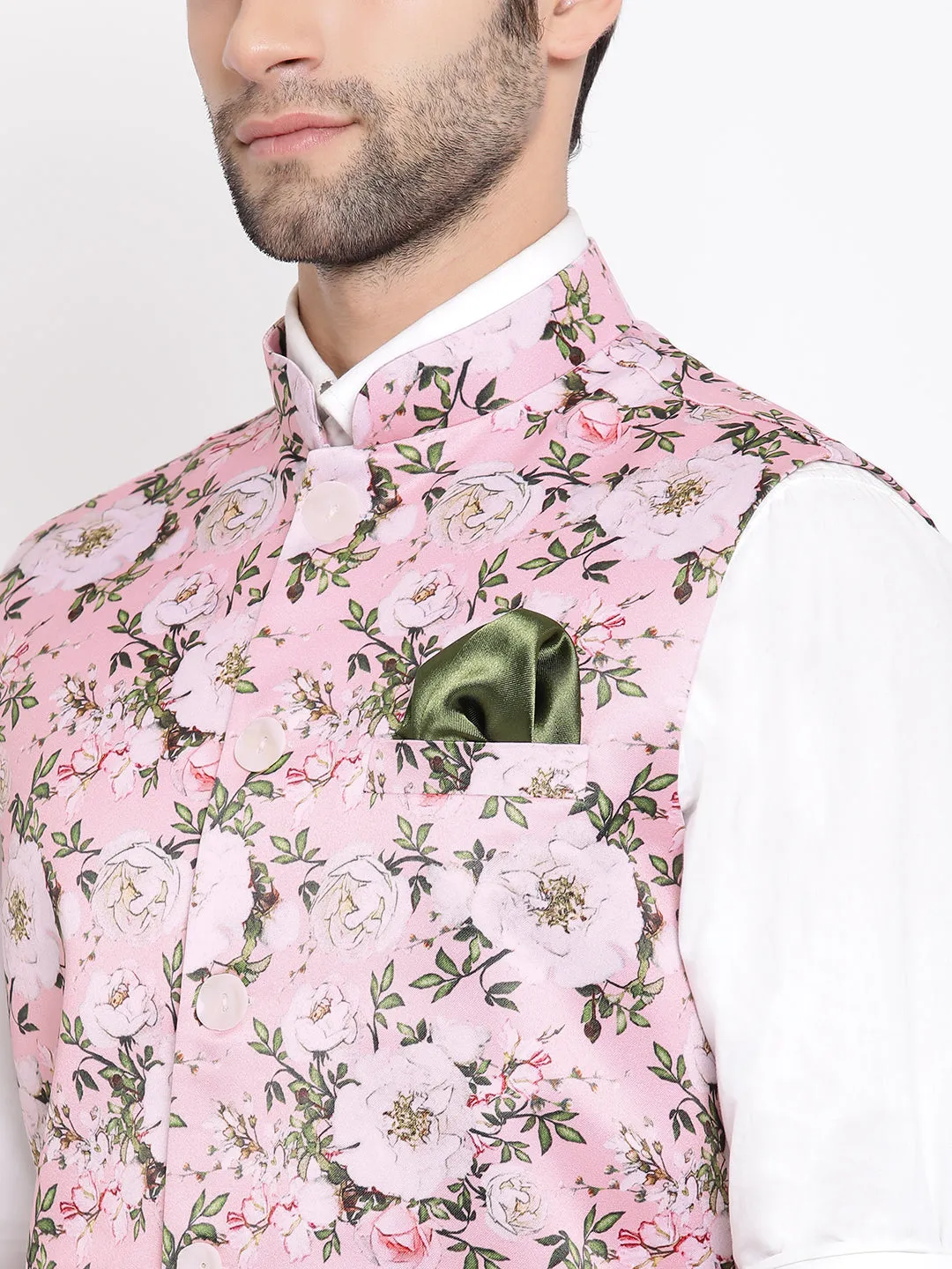 Jashvi Men's Pink Digital Floral Printed Royal Nehru Jacket