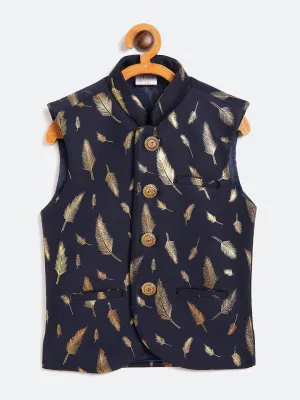 Jashvi Navy Blue And Gold Scuba Foil Print Nehru Jacket