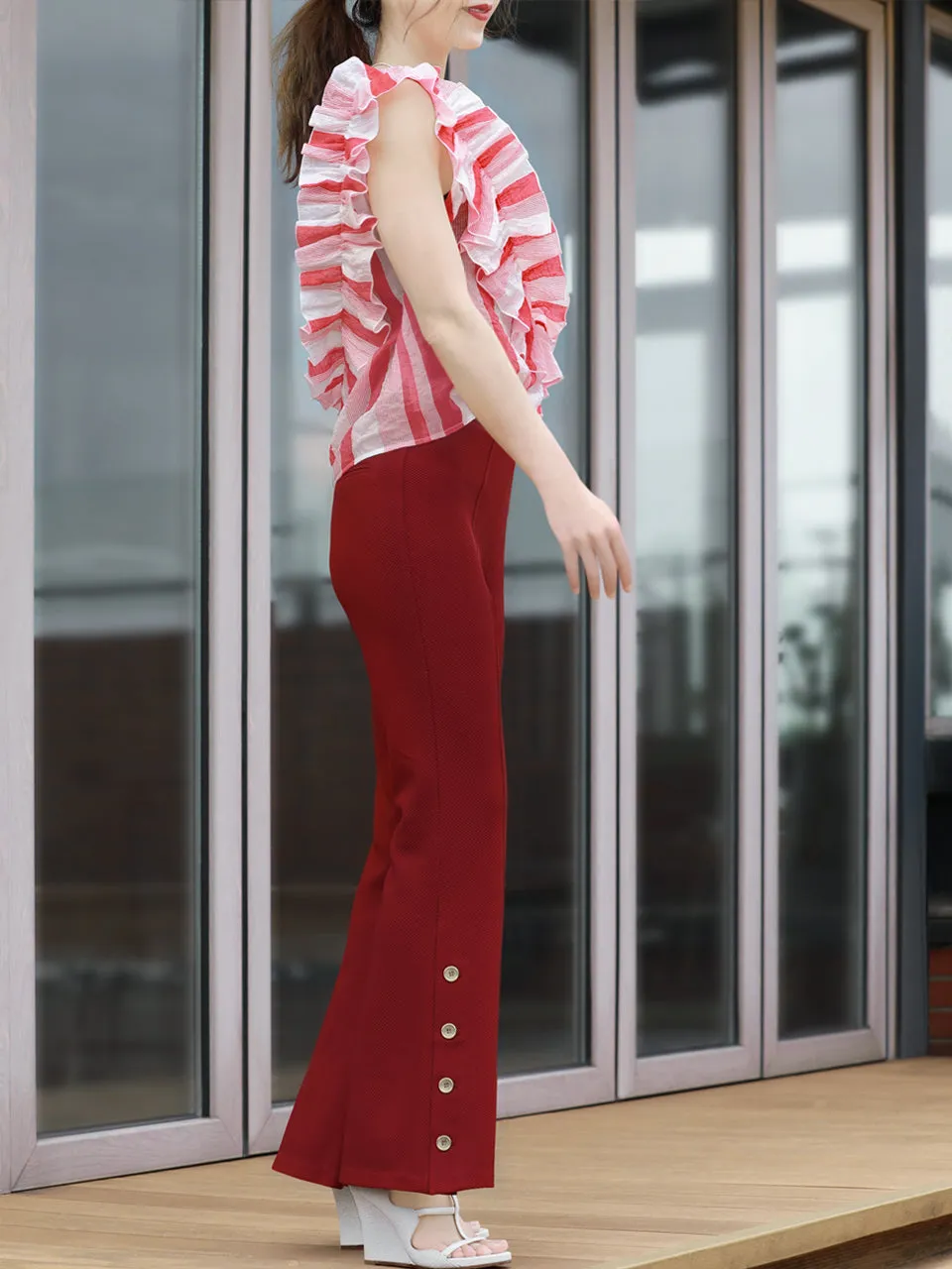 Last Chance! Red Stripe Textured Lightweight Ruffle Sleeveless Top