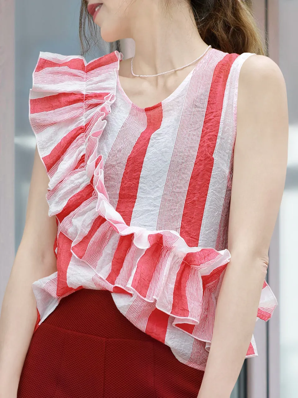 Last Chance! Red Stripe Textured Lightweight Ruffle Sleeveless Top