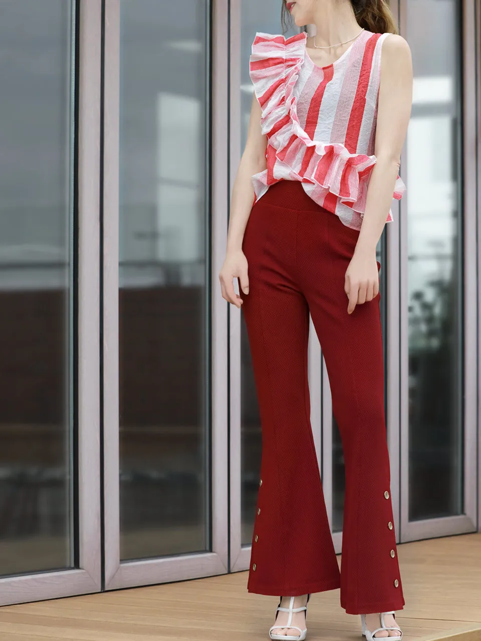 Last Chance! Red Stripe Textured Lightweight Ruffle Sleeveless Top