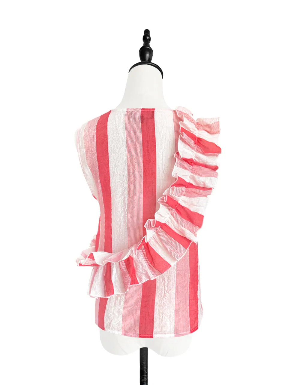 Last Chance! Red Stripe Textured Lightweight Ruffle Sleeveless Top