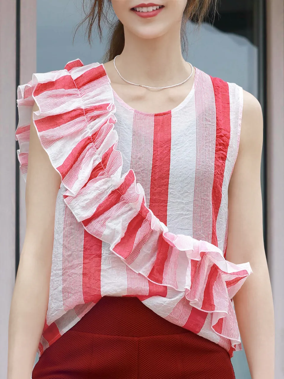 Last Chance! Red Stripe Textured Lightweight Ruffle Sleeveless Top