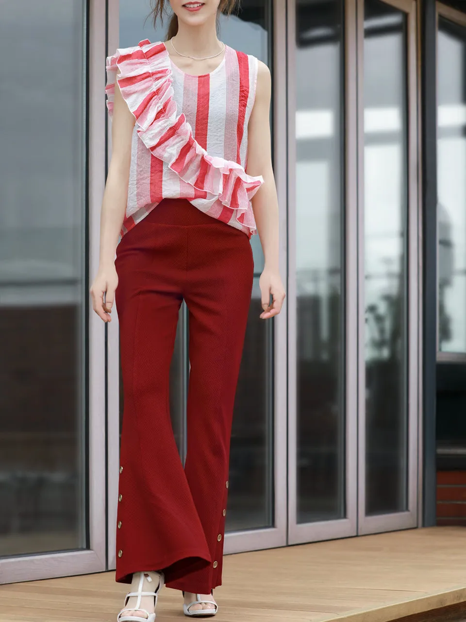 Last Chance! Red Stripe Textured Lightweight Ruffle Sleeveless Top