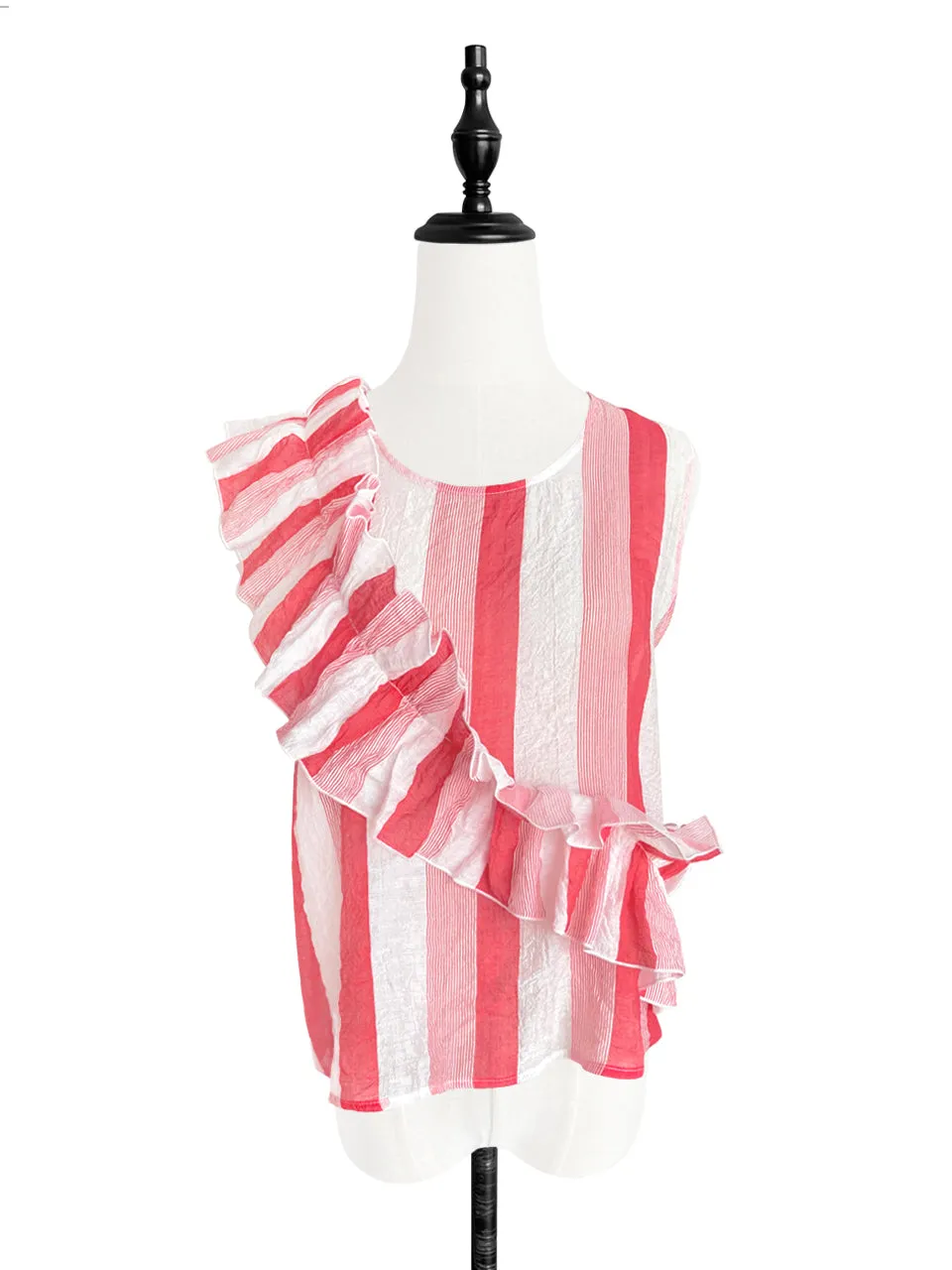 Last Chance! Red Stripe Textured Lightweight Ruffle Sleeveless Top