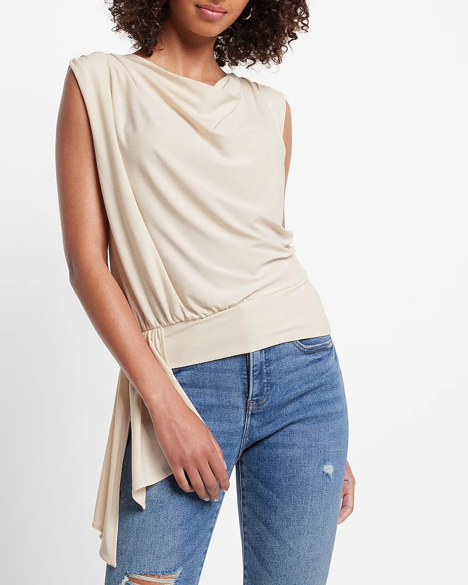 Matte Jersey Cowl Neck Draped Tank in Sandshell