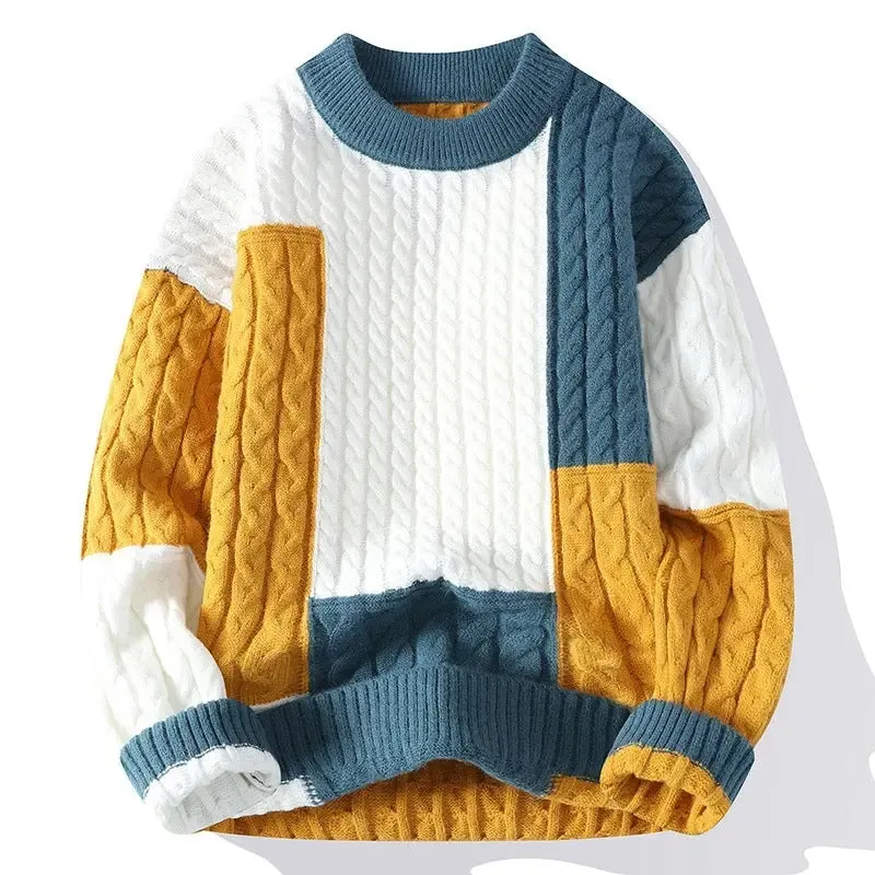 Men's Crew Neck Pullover Sweater Color Contrast Patchwork