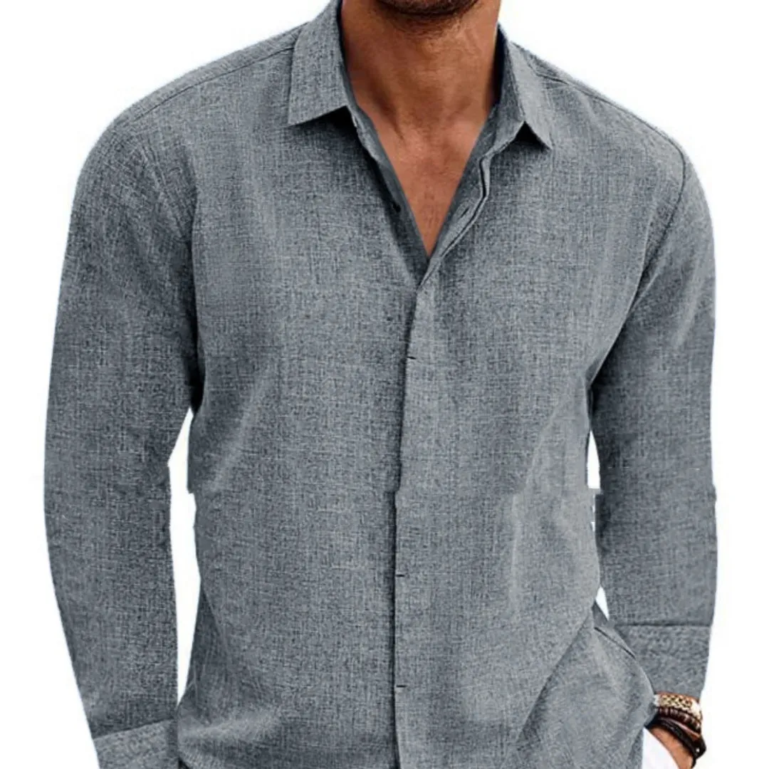 Mens Long Sleeve T-shirt Undershirt Solid Color Long Sleeve Cotton Linen Shirt