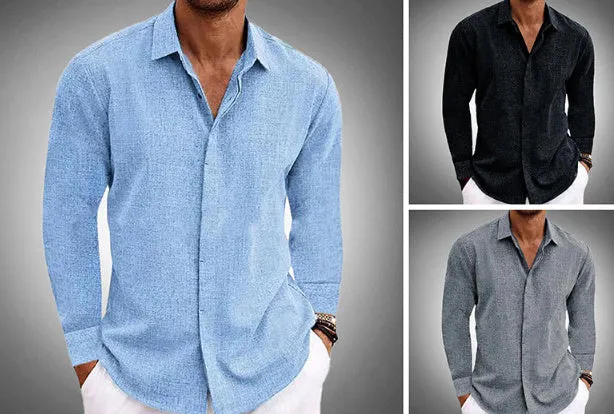 Mens Long Sleeve T-shirt Undershirt Solid Color Long Sleeve Cotton Linen Shirt