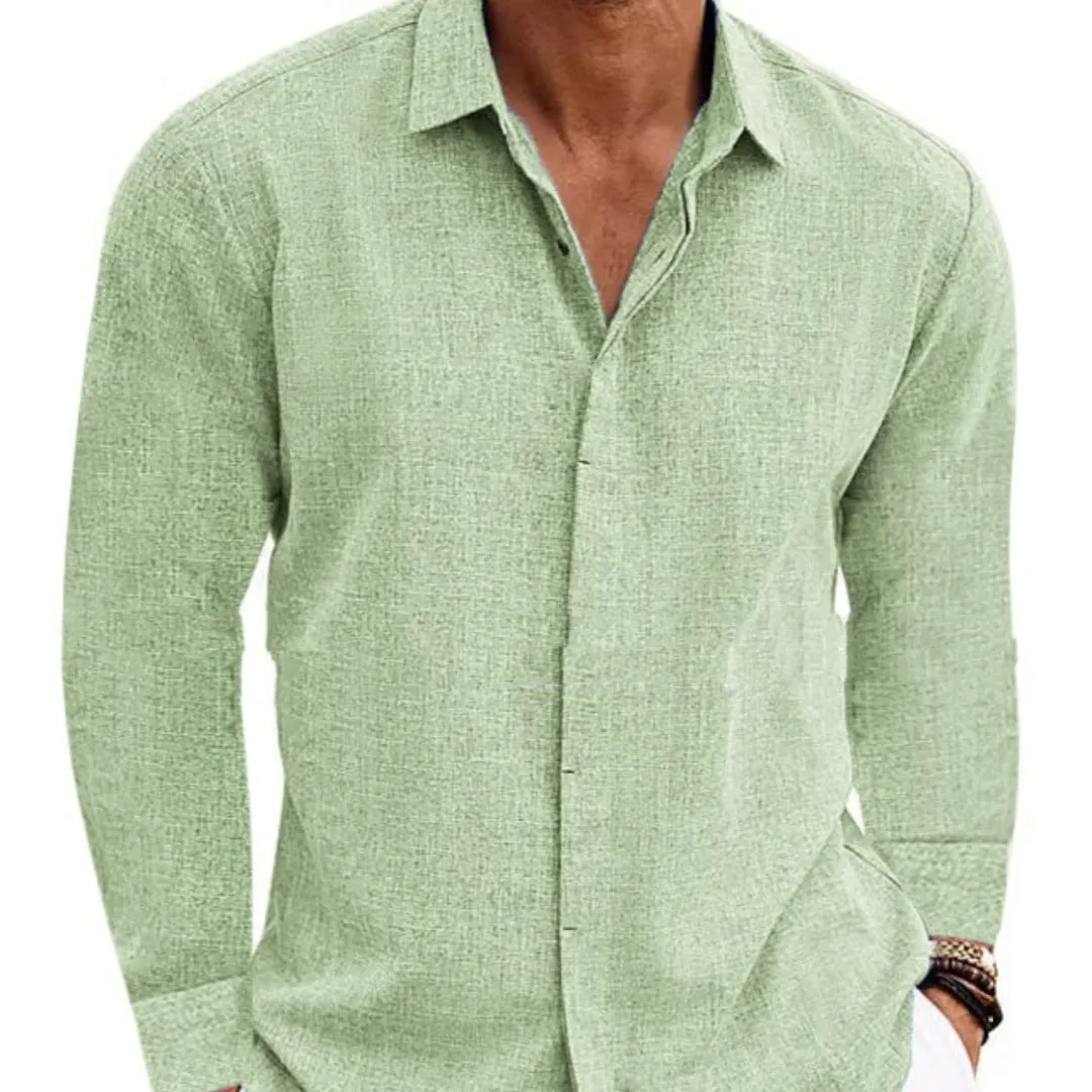 Mens Long Sleeve T-shirt Undershirt Solid Color Long Sleeve Cotton Linen Shirt