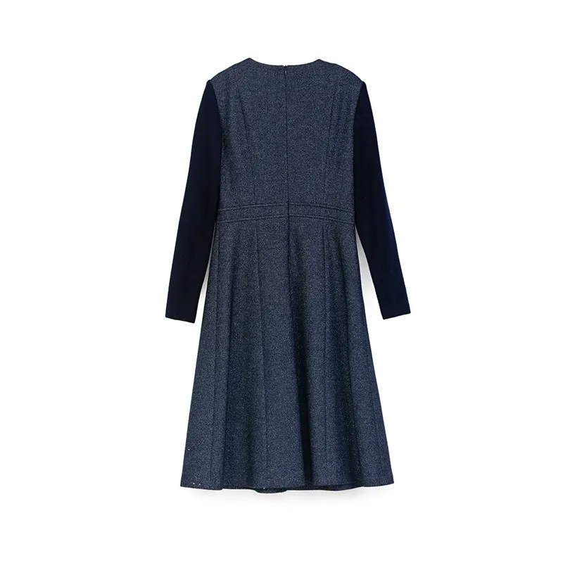 Navy Blue Woolen Slim Midi Dress