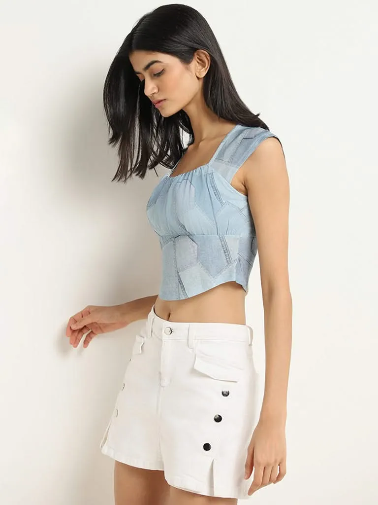 Blue Nuon Cotton Crop Top with Printed Design