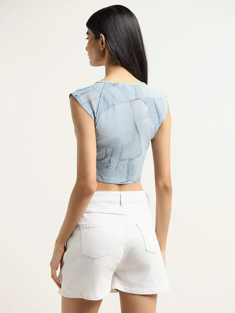 Blue Nuon Cotton Crop Top with Printed Design