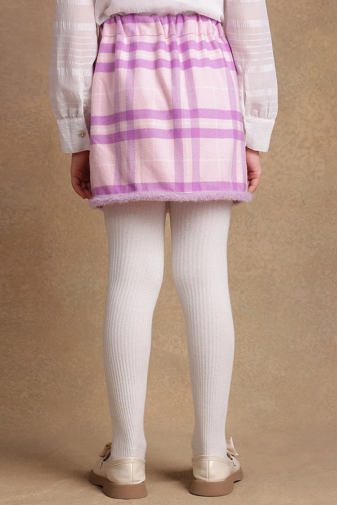 One Friday Kids Girls Pink & Lilac Checkered  Woollen Bow Skirt