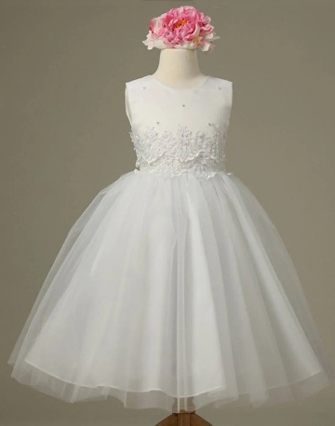 Pearl and Lace Embellished Tulle Dress - White