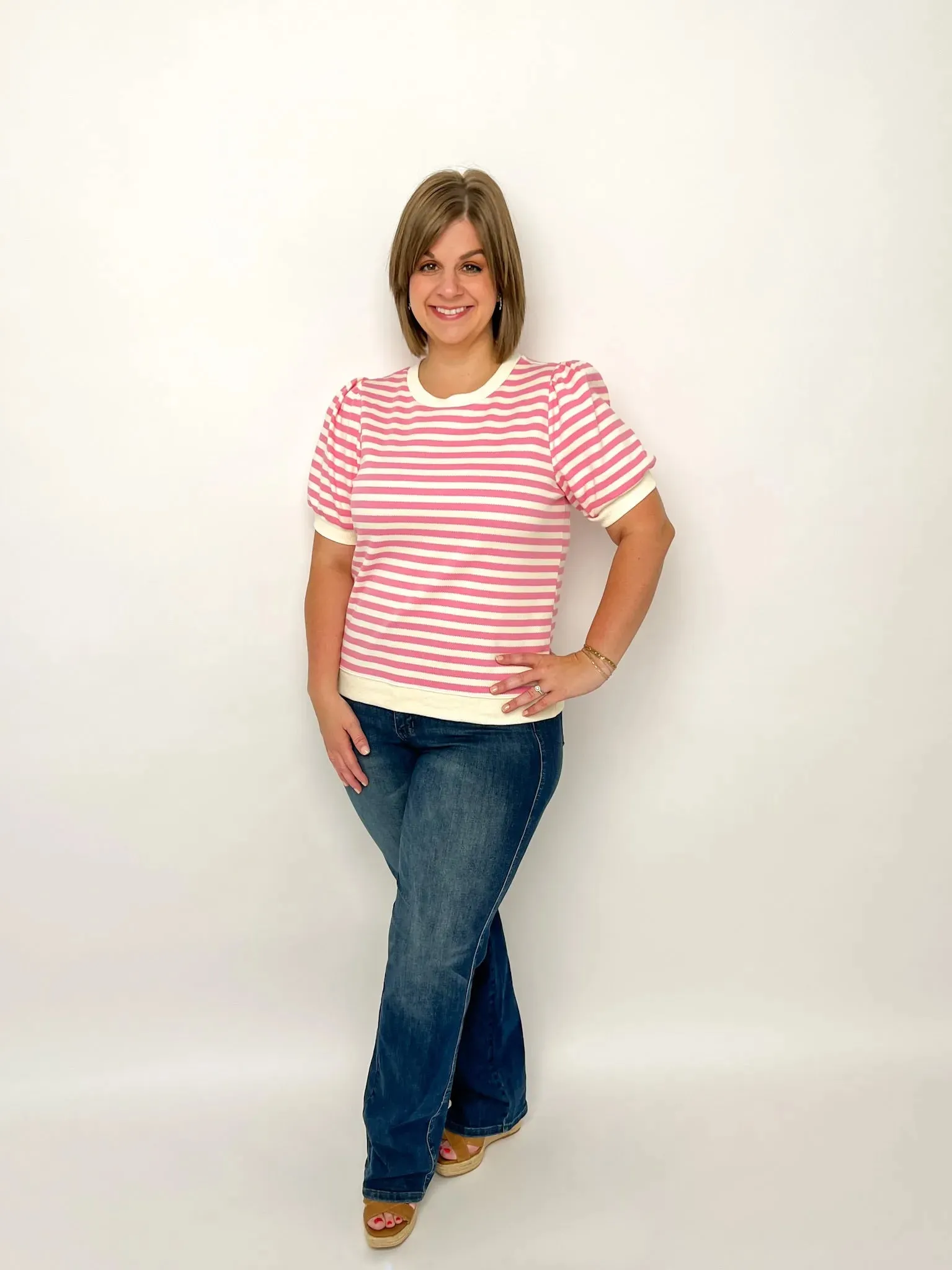 Pink & White Striped Puff Sleeve Top