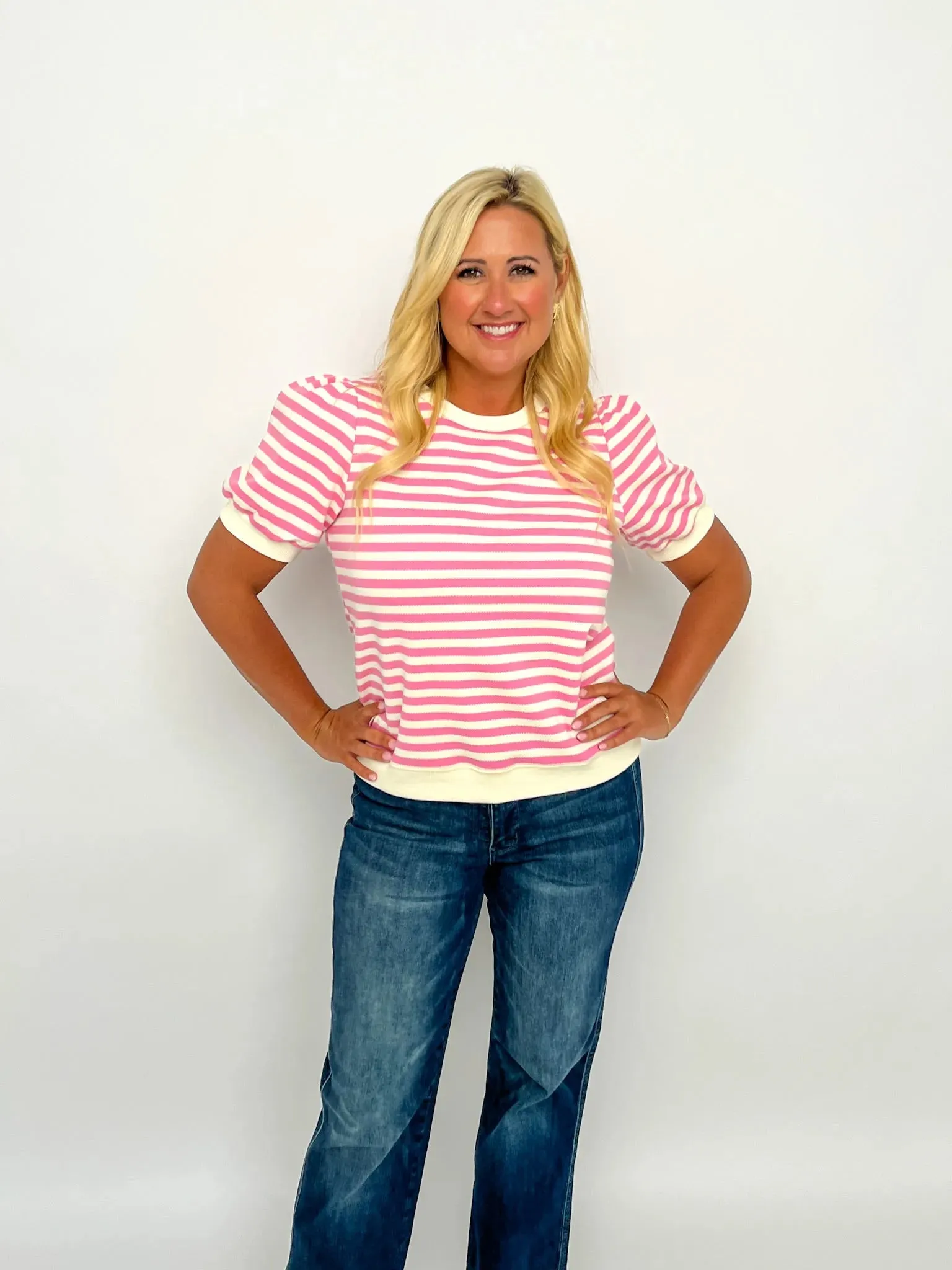 Pink & White Striped Puff Sleeve Top