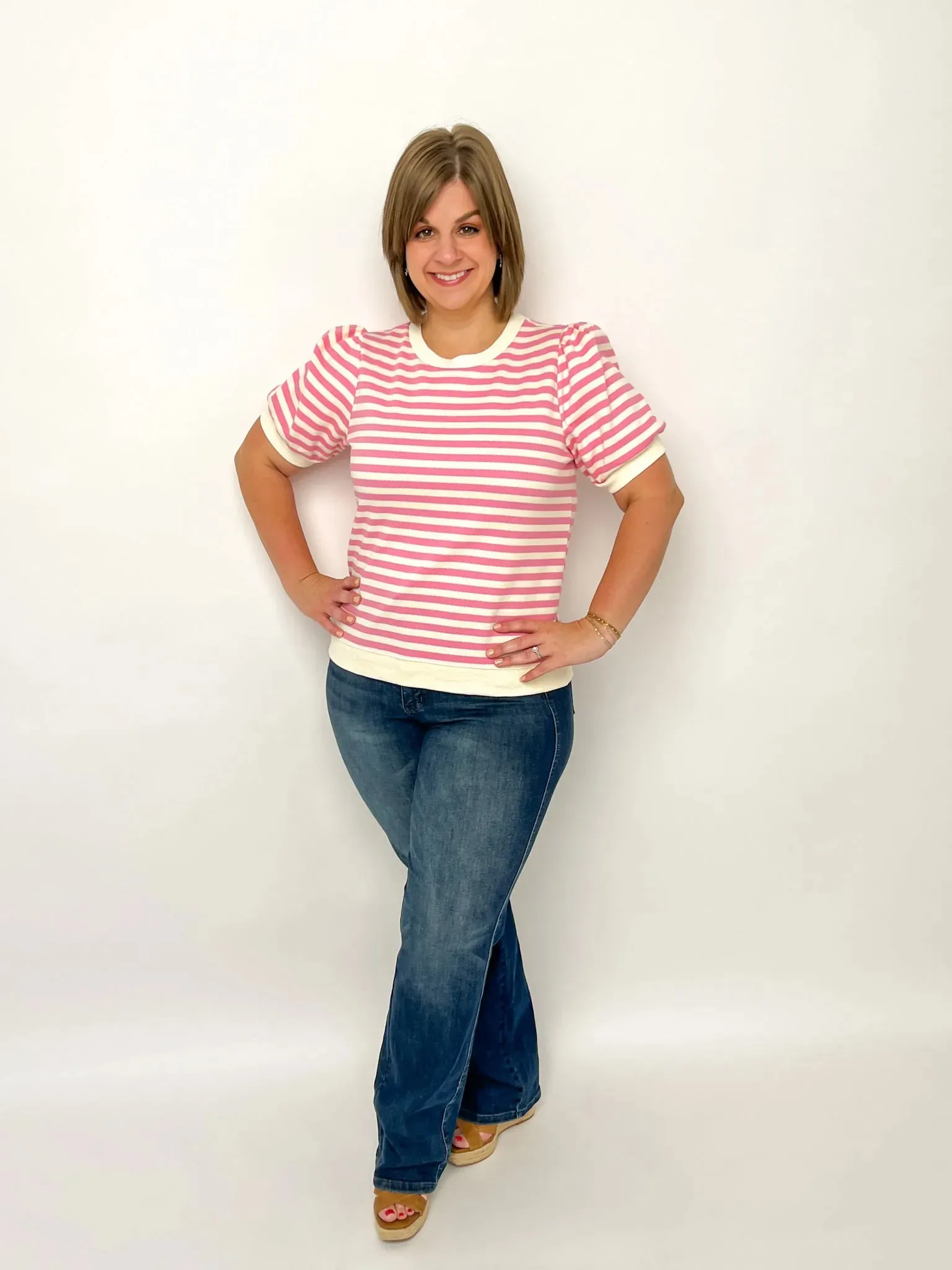 Pink & White Striped Puff Sleeve Top