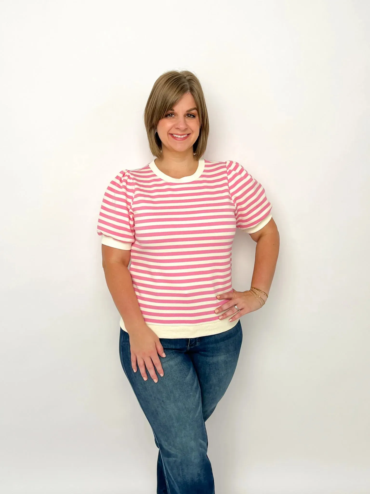 Pink & White Striped Puff Sleeve Top