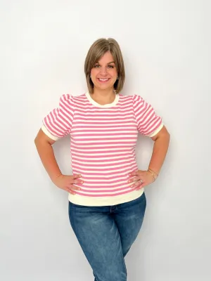 Pink & White Striped Puff Sleeve Top