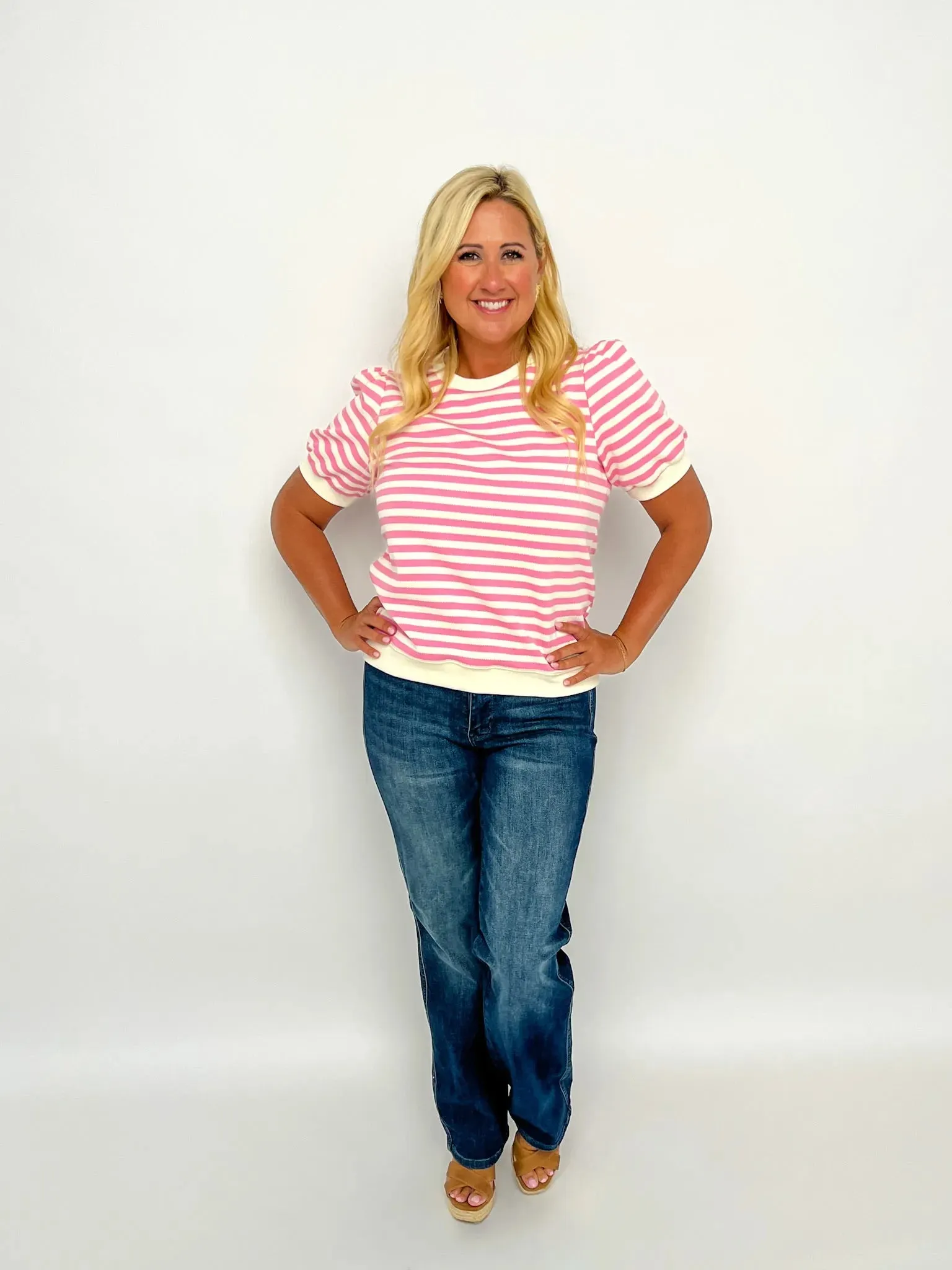 Pink & White Striped Puff Sleeve Top