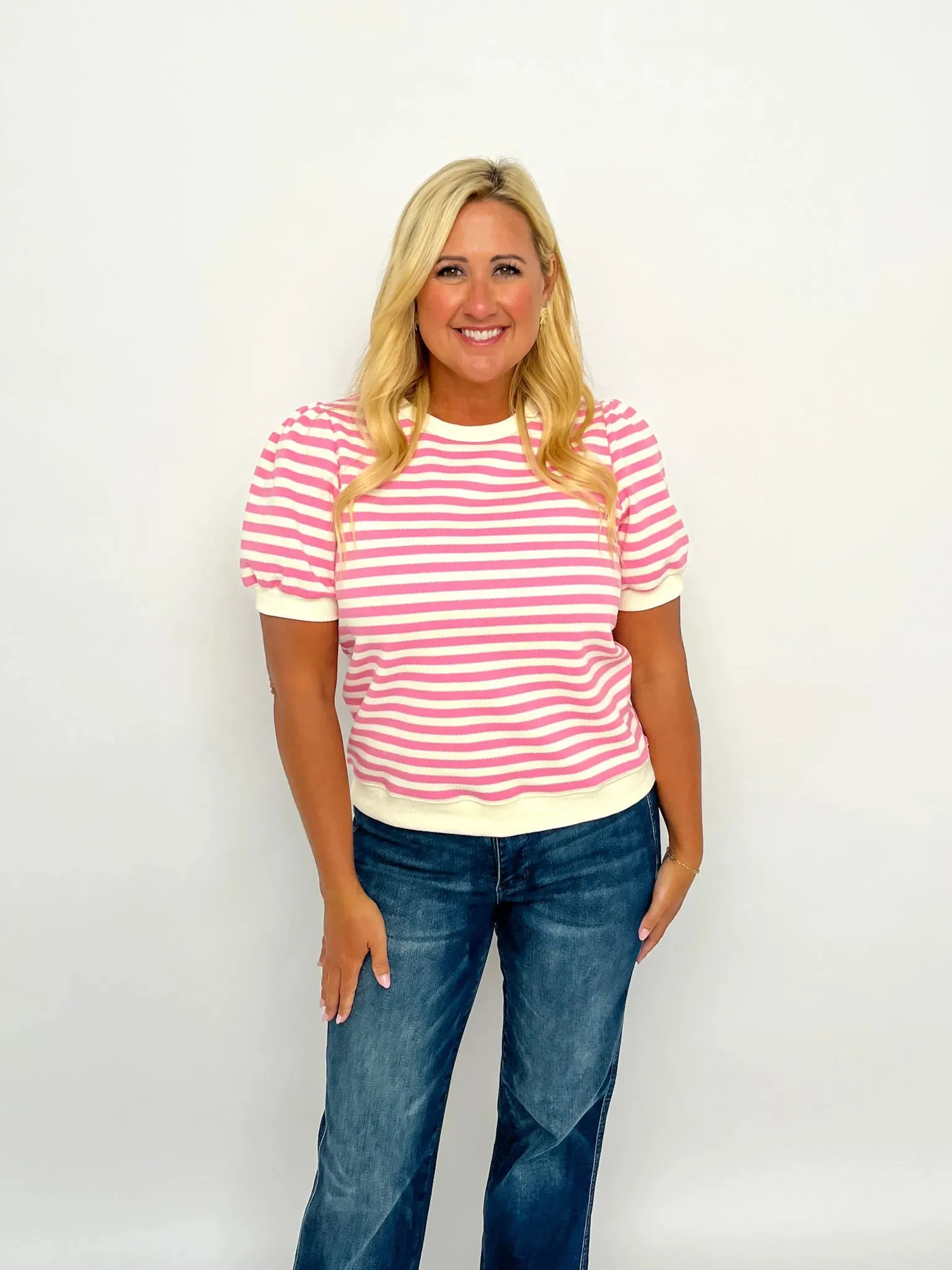 Pink & White Striped Puff Sleeve Top