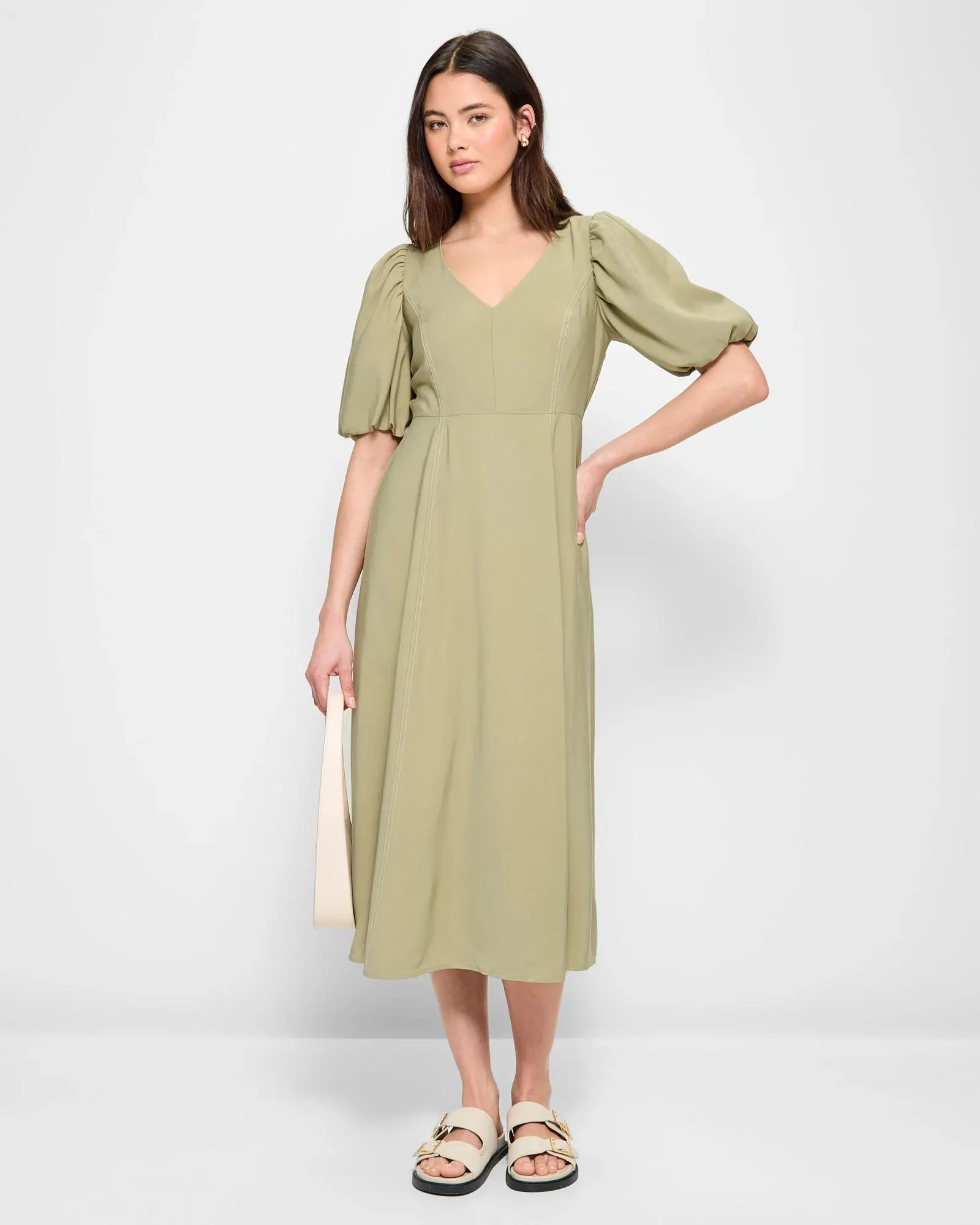 popular  Puff Sleeve Midi Dress - Lily Loves - Saltbush