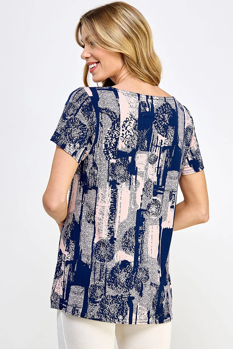 Print Boat Neckline Short Short Sleeve Top-3068HT-SRP1-W341