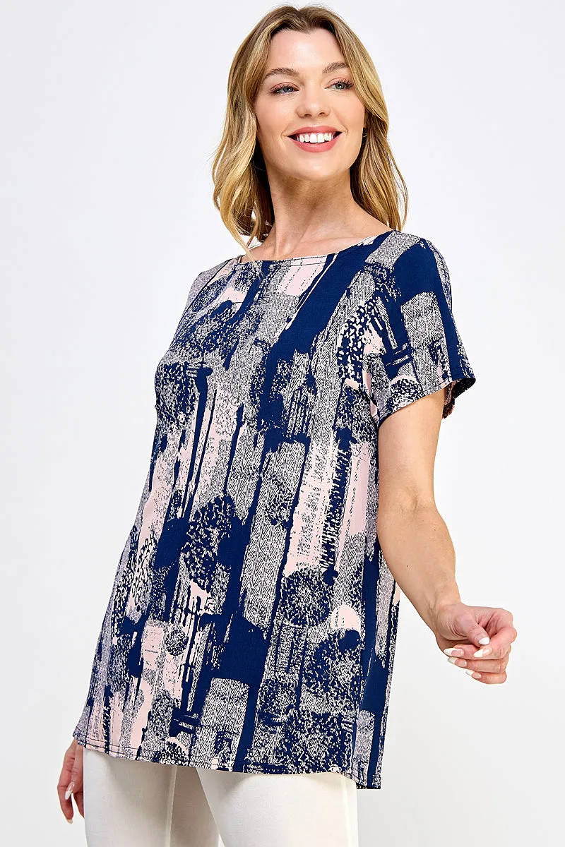 Print Boat Neckline Short Short Sleeve Top-3068HT-SRP1-W341