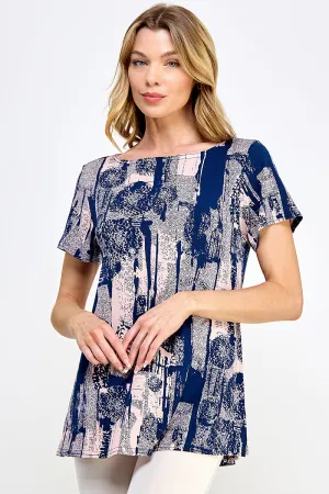 Print Boat Neckline Short Short Sleeve Top-3068HT-SRP1-W341