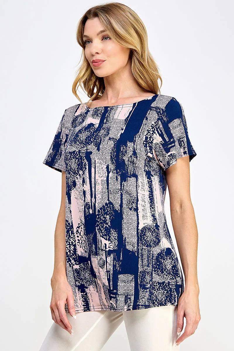 Print Boat Neckline Short Short Sleeve Top-3068HT-SRP1-W341