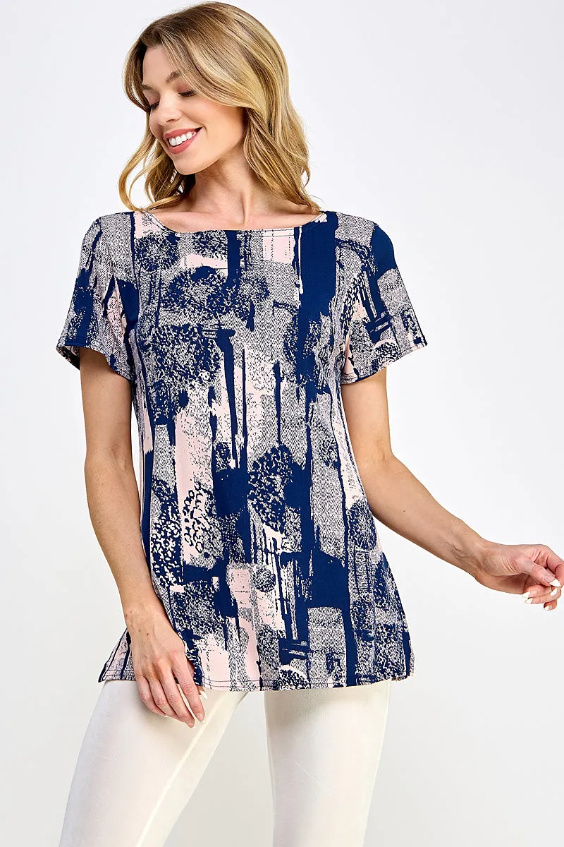 Print Boat Neckline Short Short Sleeve Top-3068HT-SRP1-W341