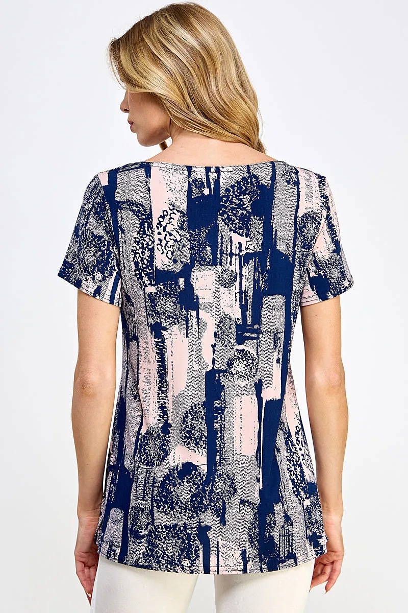 Print Boat Neckline Short Short Sleeve Top-3068HT-SRP1-W341