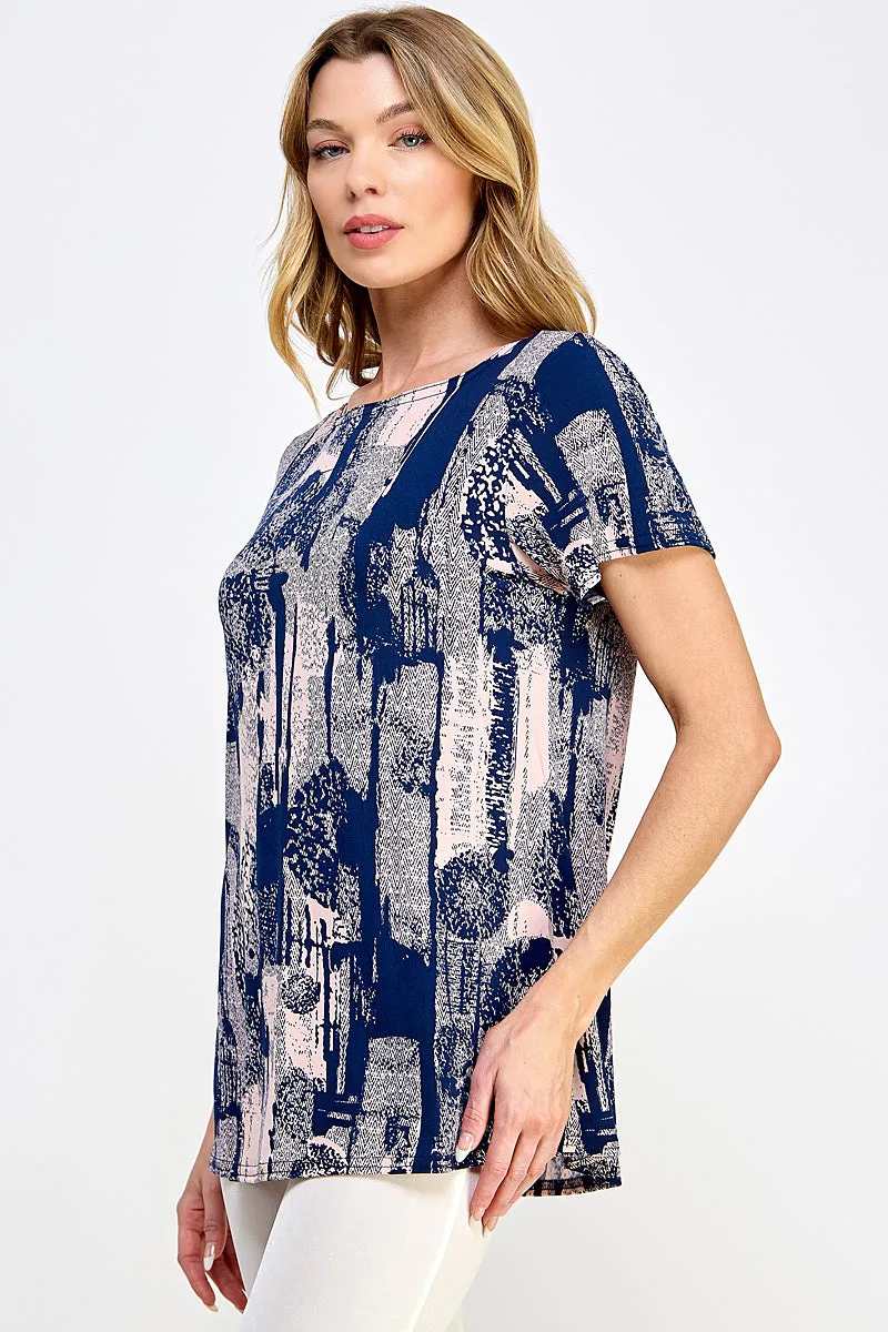 Print Boat Neckline Short Short Sleeve Top-3068HT-SRP1-W341