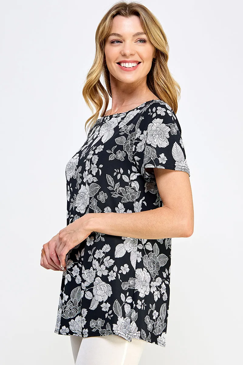 Print Boat Neckline Short Short Sleeve Top-3068HT-SRP1-W355